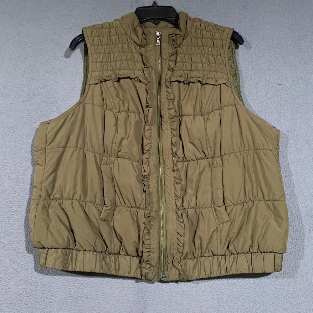 CJ Banks Puffer Vest Women 1X Olive Green Ruffle Trim Full Zip Quilted Padded